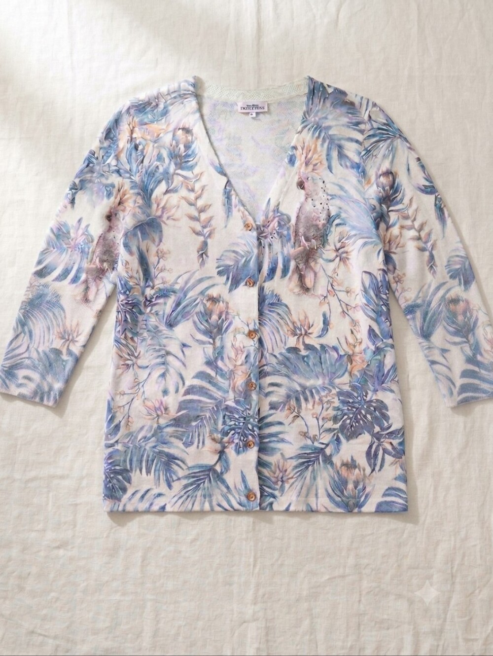 Northern Reflections Blue Tropical Leaf Bird Cardigan Sweater Size L